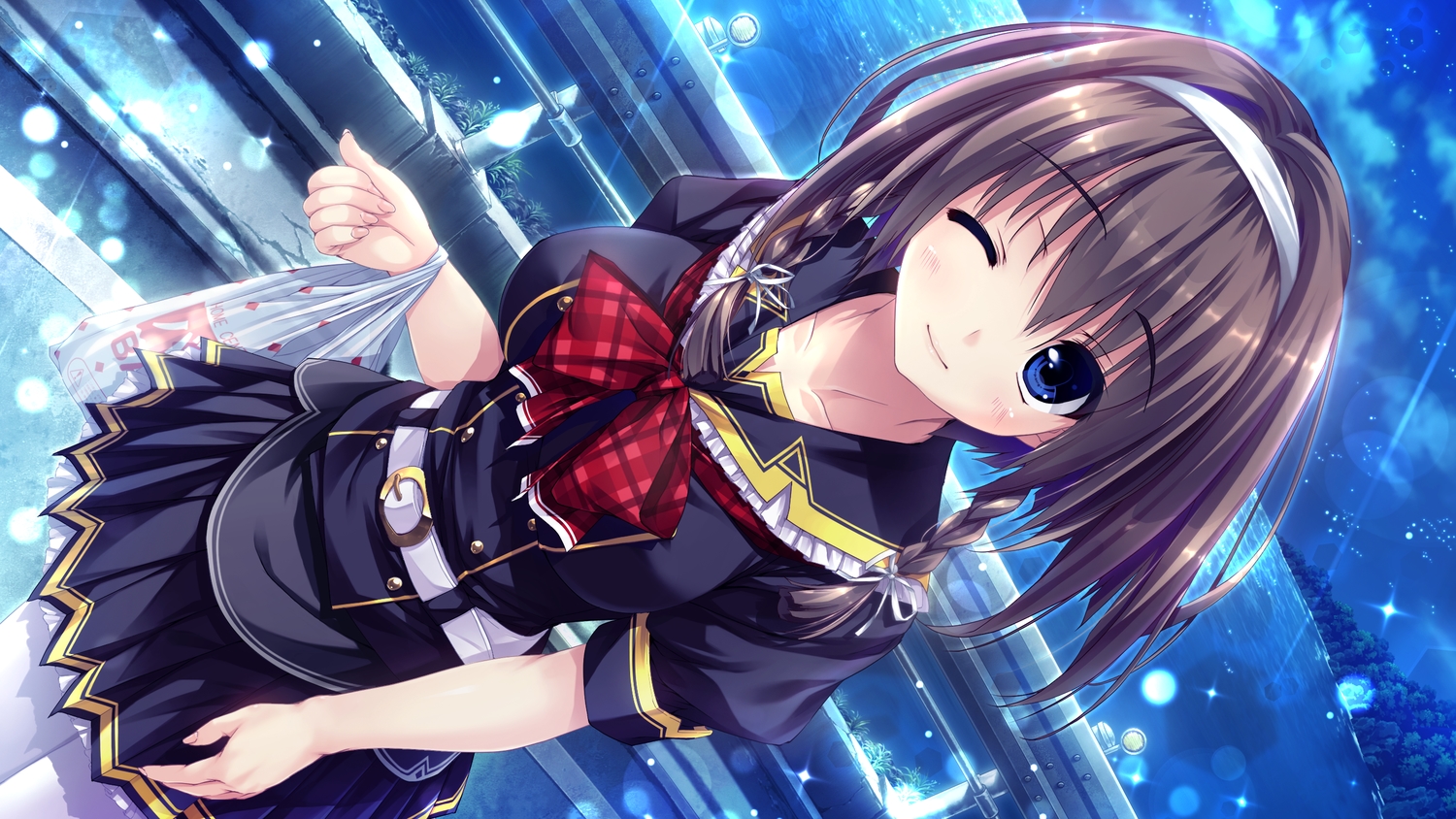 blue_eyes, blush, bow, braids, breasts, brown_hair, clochette, game_cg, haruru_minamo_ni!, headband, matsufusa_ema, night, pantyhose, ribbons, school_uniform, shintaro, short_hair, skirt, water, wink