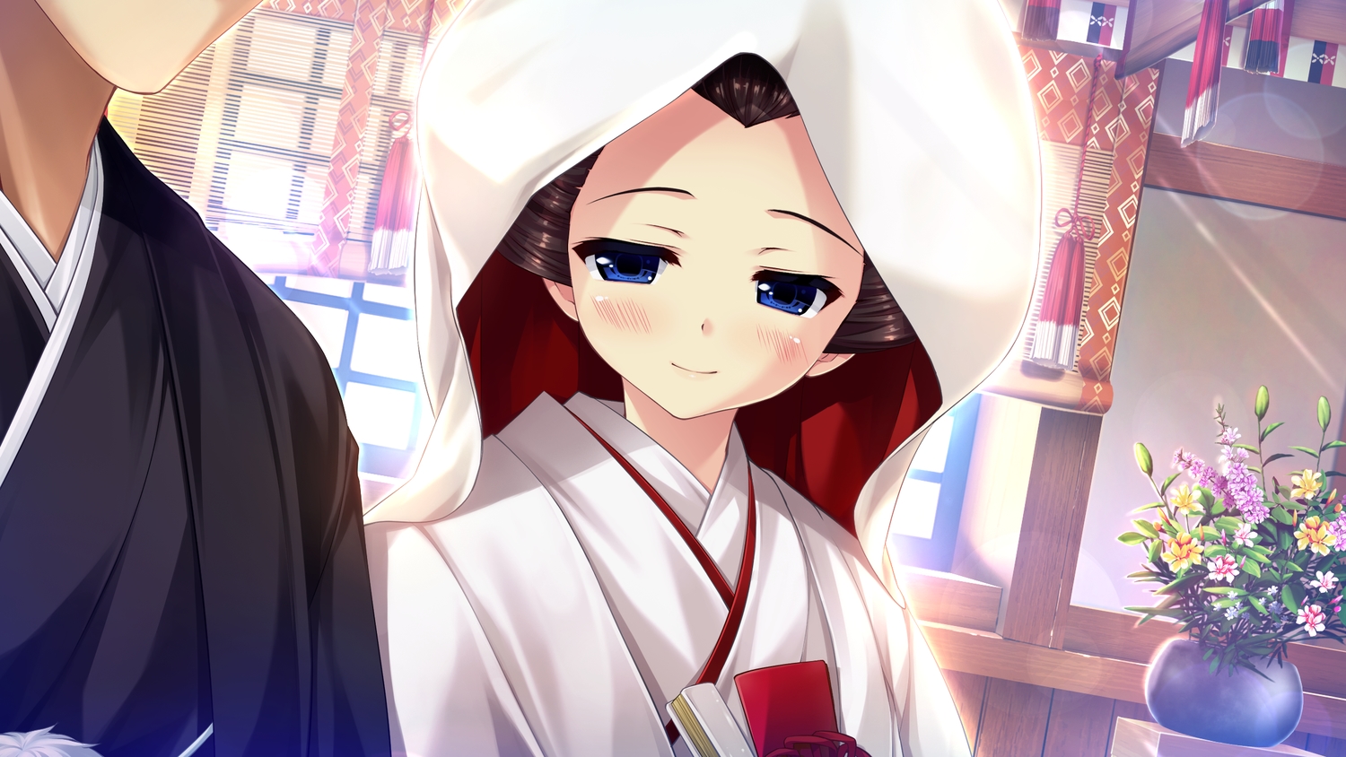 blue_eyes, blush, brown_hair, clochette, fan, flowers, game_cg, haruru_minamo_ni!