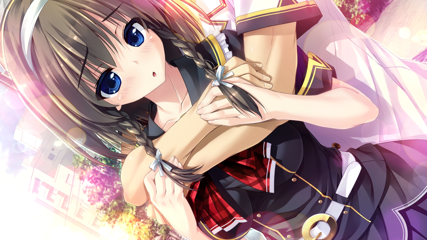 blue_eyes, blush, bow, braids, breasts, brown_hair, clochette, game_cg, haruru_minamo_ni!, headband, hug, matsufusa_ema, ribbons, school_uniform, shintaro, short_hair, skirt