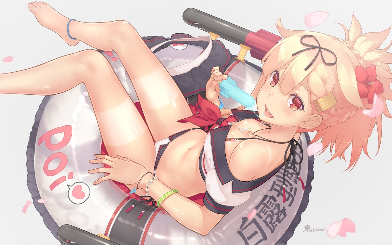 anthropomorphism, barefoot, bikini, blonde_hair, braids, breasts, dan_(kumadan), kantai_collection