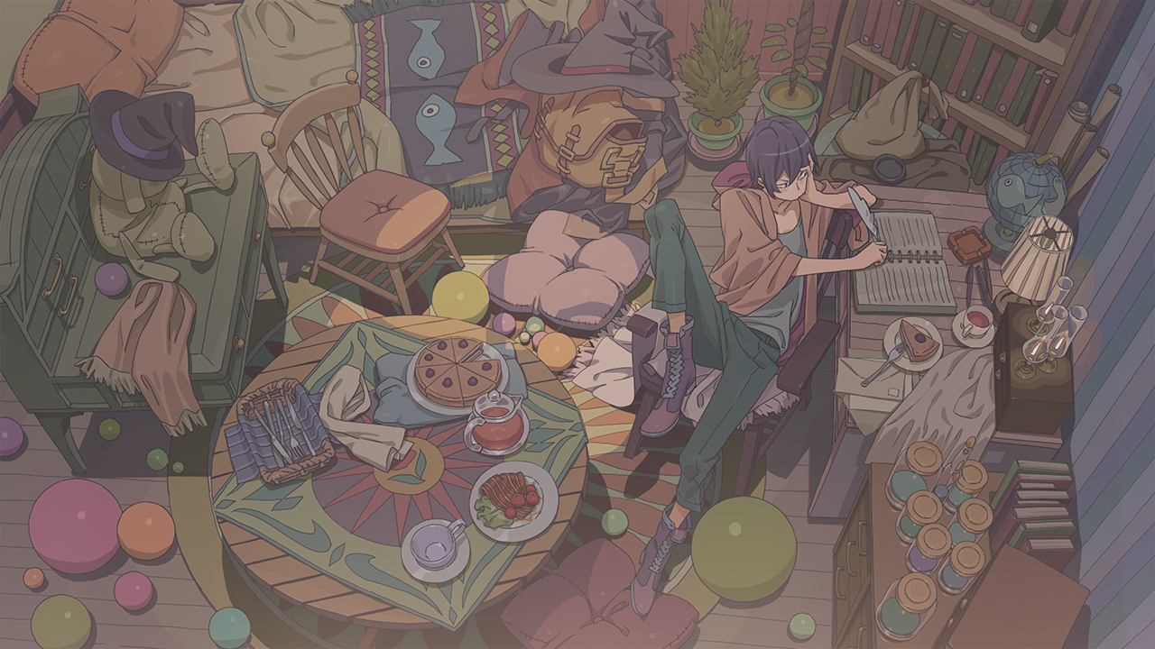 all_male, ball, bed, black_hair, book, boots, cake, drink, food, hood, male, original, short_hair, task_utsushita