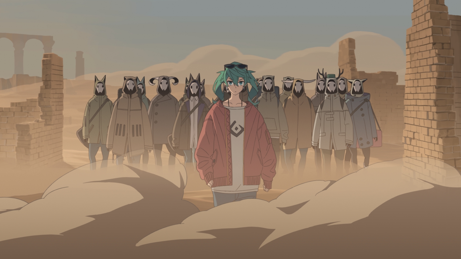 desert, green_eyes, green_hair, group, hatsune_miku, suna_no_wakusei_(vocaloid), sunglasses, task_utsushita, twintails, vocaloid