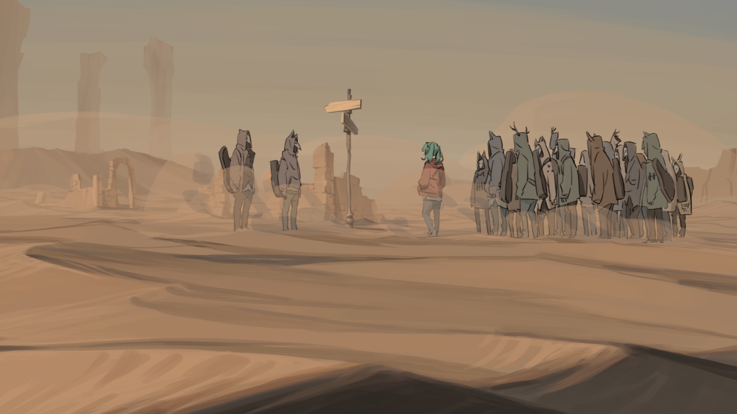 desert, green_hair, group, hatsune_miku, hood, suna_no_wakusei_(vocaloid), task_utsushita, twintails, vocaloid