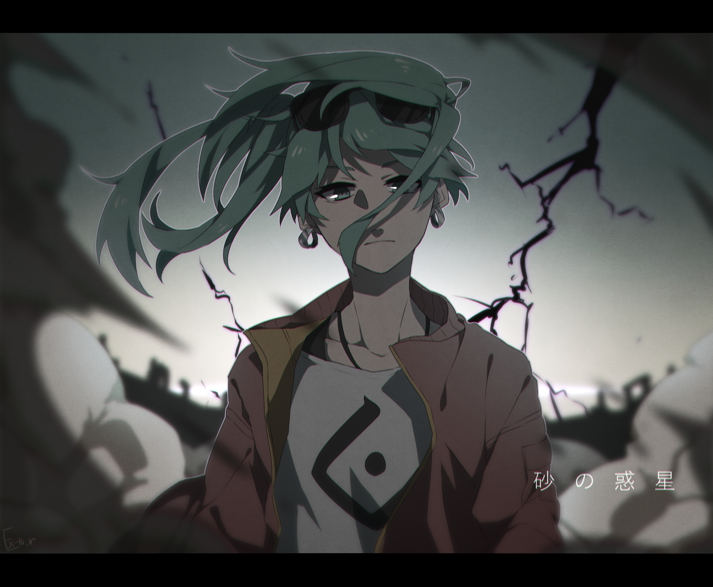 e-mail.r, green_eyes, green_hair, hatsune_miku, signed, suna_no_wakusei_(vocaloid), sunglasses, twintails