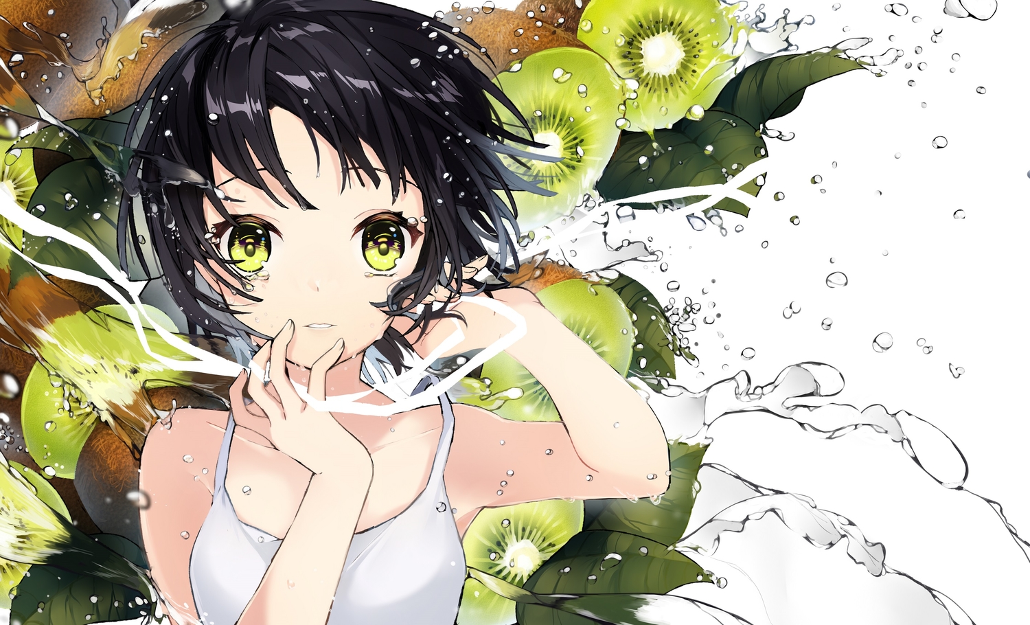 black_hair, close, food, fruit, green_eyes, original, short_hair, sogawa66