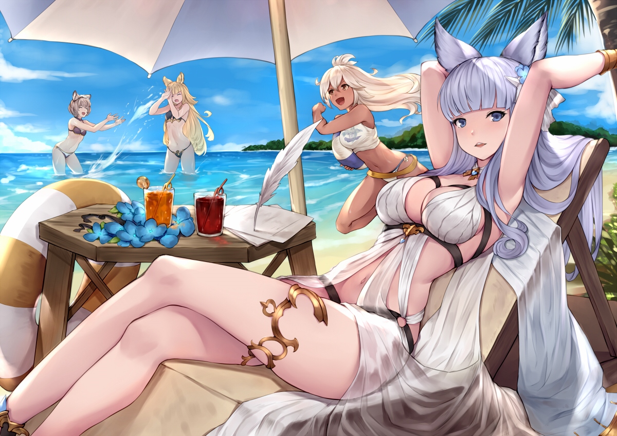 animal_ears, aqua_hair, ball, beach, bikini, blonde_hair, blue_eyes, breasts