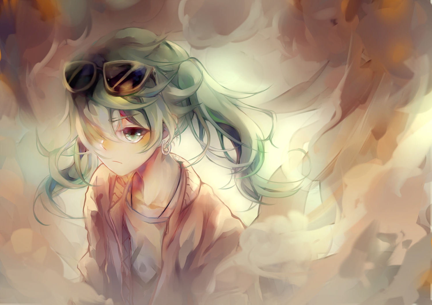 green_eyes, green_hair, hatsune_miku, kitazan, suna_no_wakusei_(vocaloid), sunglasses, twintails, vocaloid