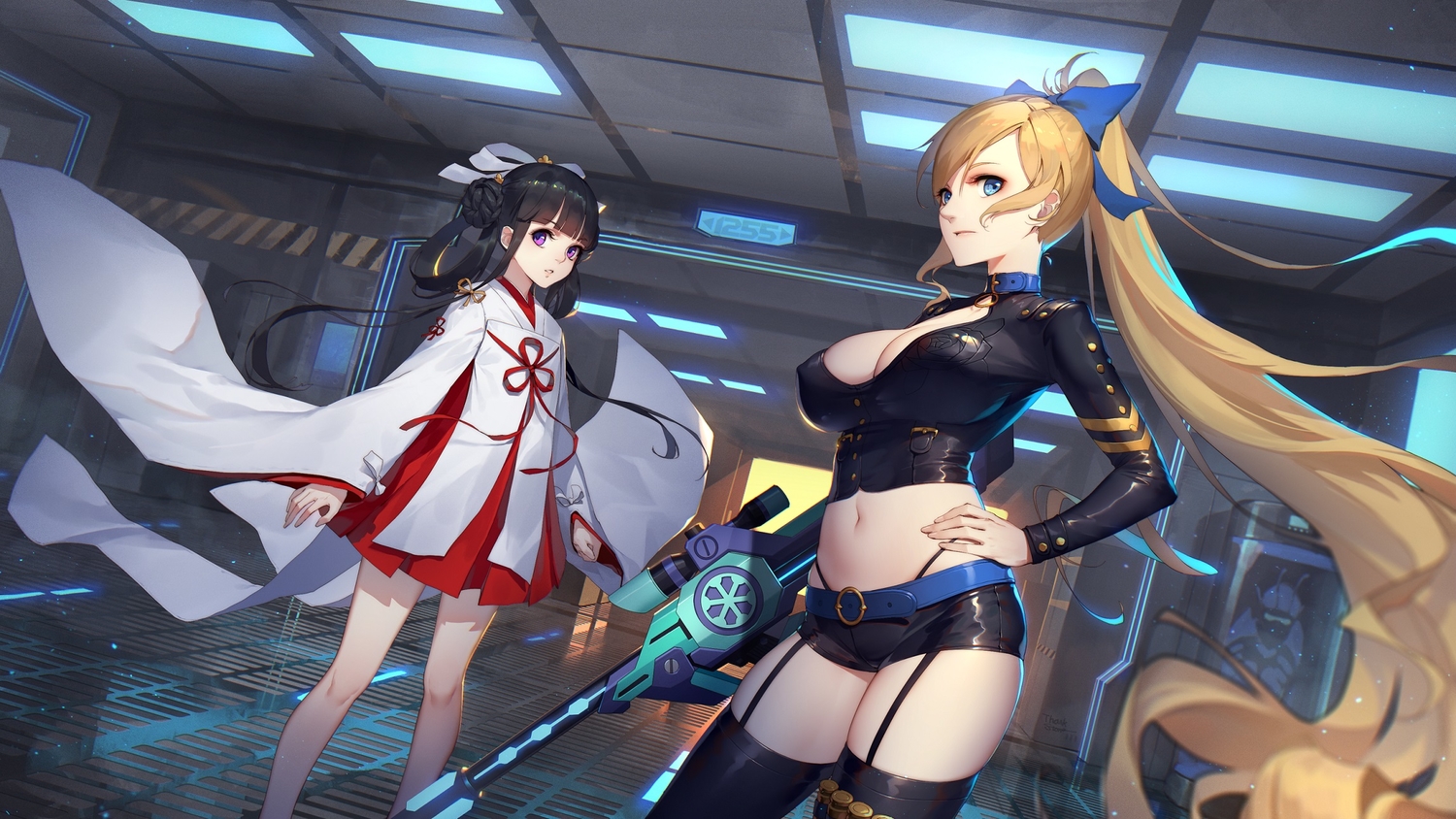 2girls, aqua_eyes, black_hair, blonde_hair, bow, breasts, cleavage, collar