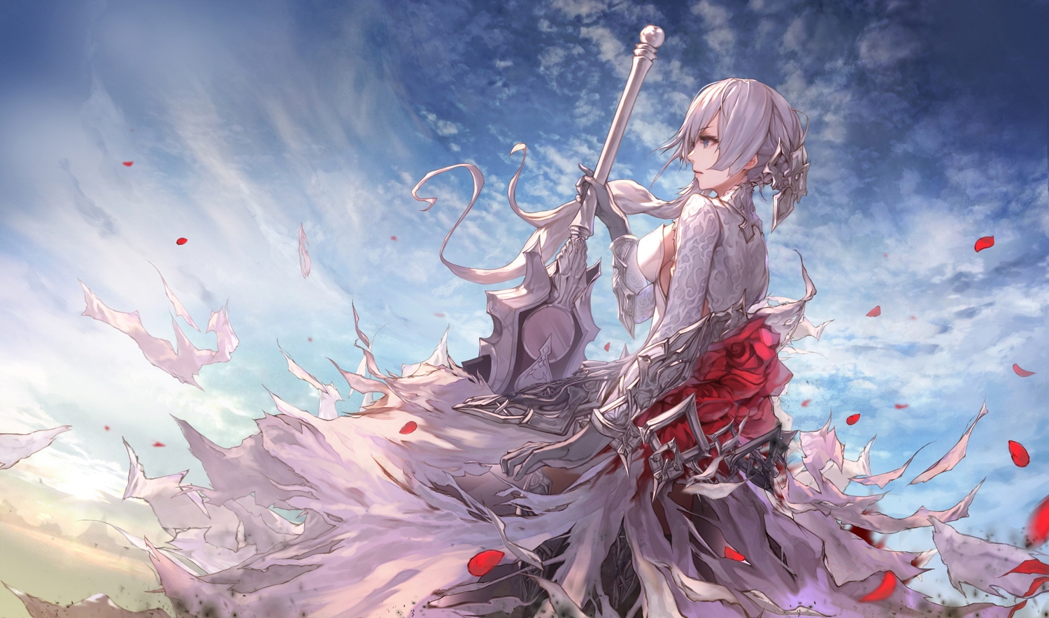 breasts, clouds, elbow_gloves, gloves, gray_hair, green_eyes, jname, long_hair, petals, ponytail, sideboob, sinoalice, sky, snow_white_(sinoalice), sword, torn_clothes, weapon