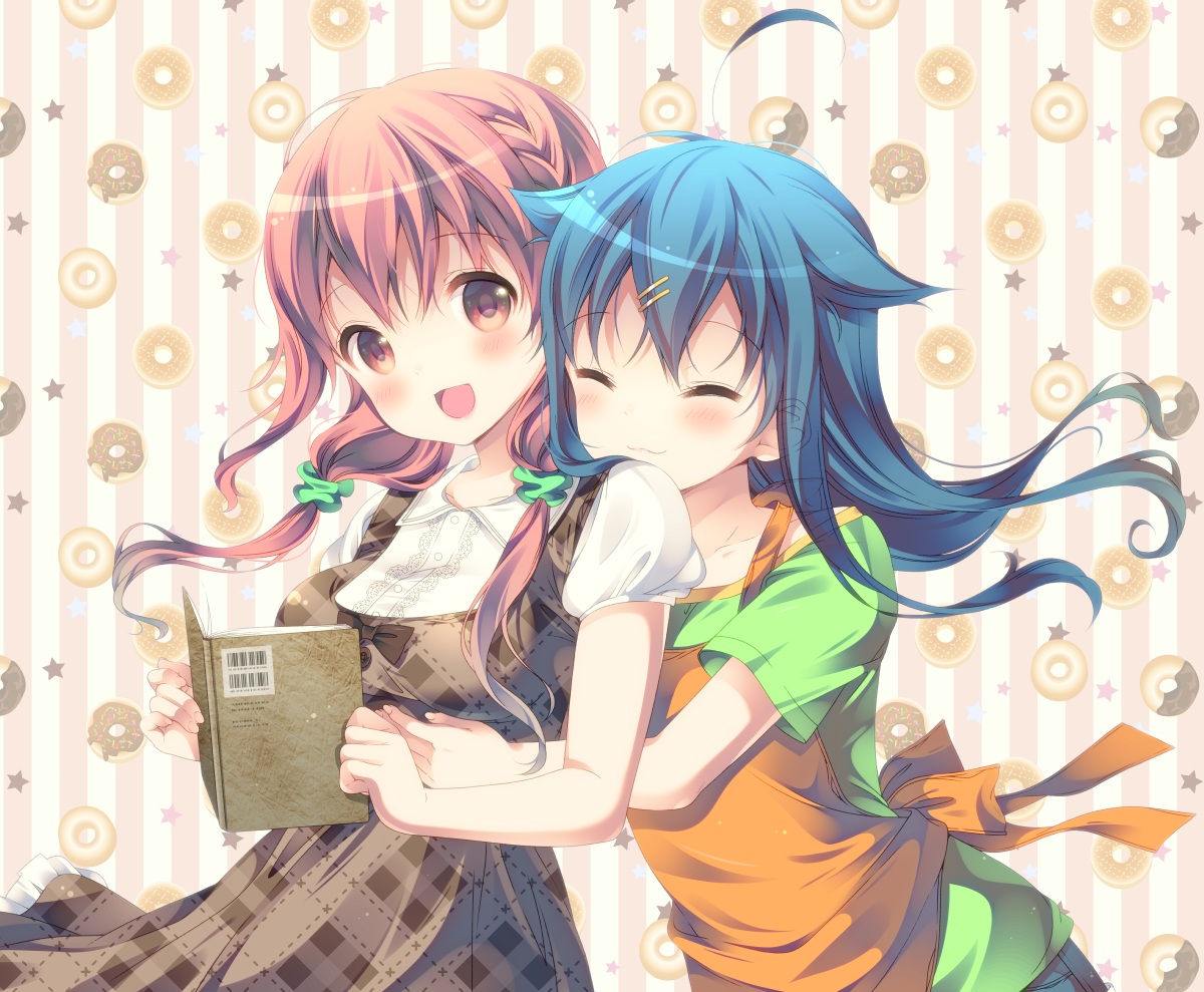 2girls, aliasing, apron, blue_hair, blush, book, bow, braids, breasts, dress, hinako_note, hug, long_hair, march-bunny, natsukawa_kuina, sakuragi_hinako, twintails