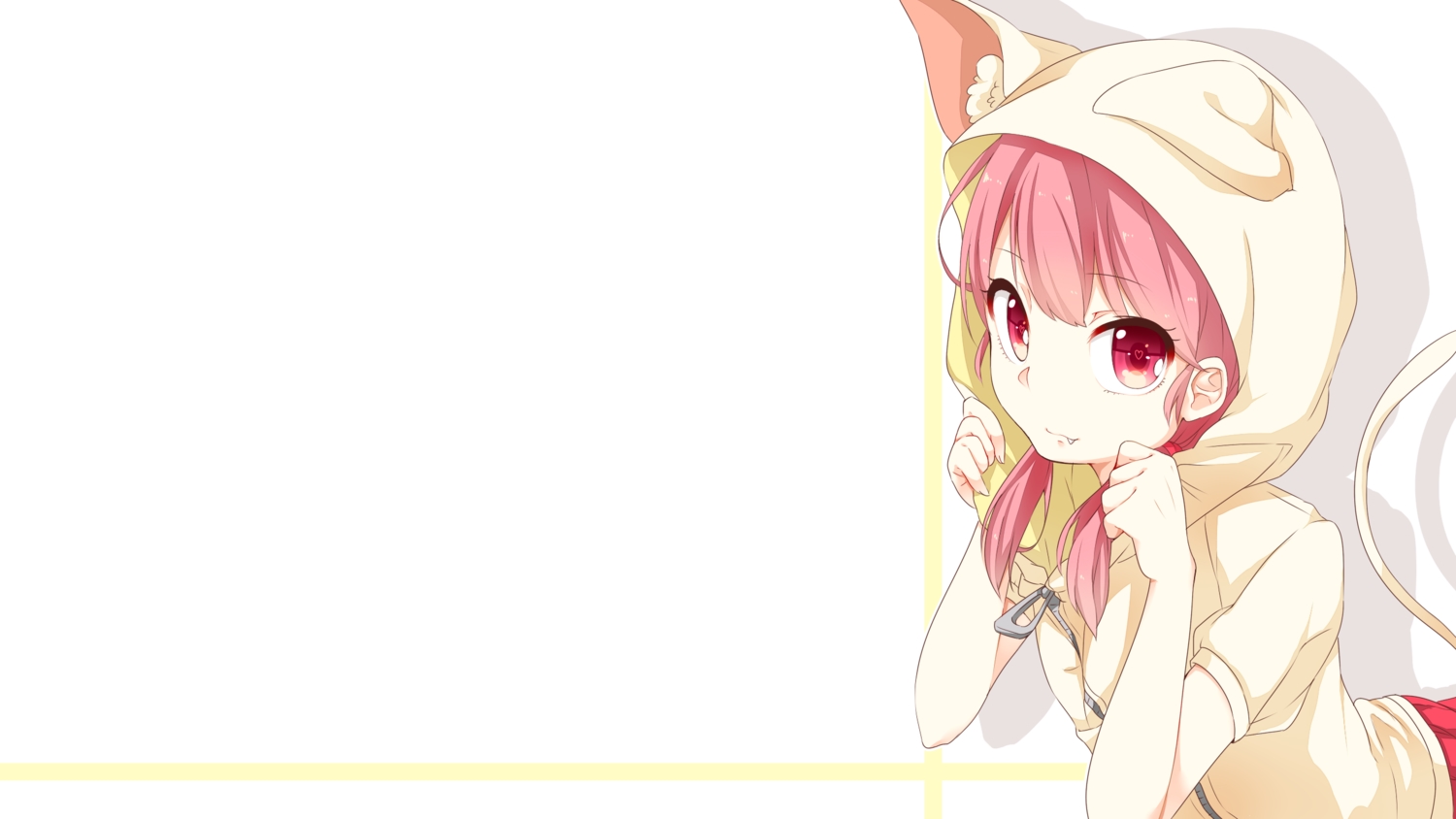 animal_ears, catgirl, fang, hood, original, pink_eyes, pink_hair, tail, twintails, umeno_(shio1205), white
