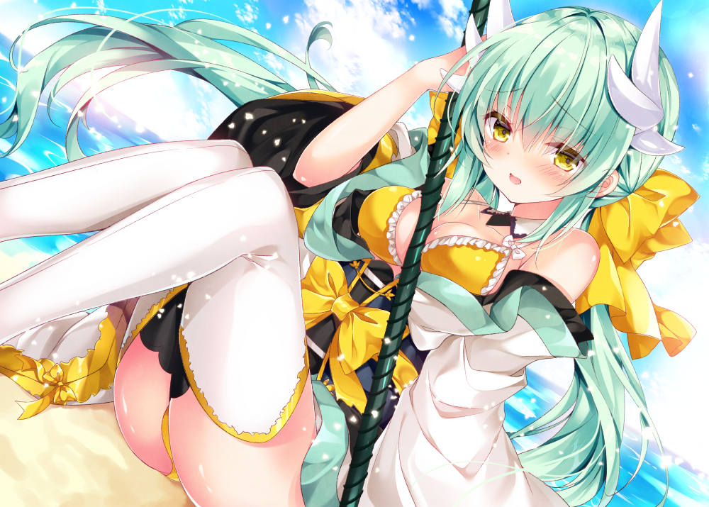 aliasing, beach, bikini_top, blush, bow, breasts, cleavage, fate/grand_order
