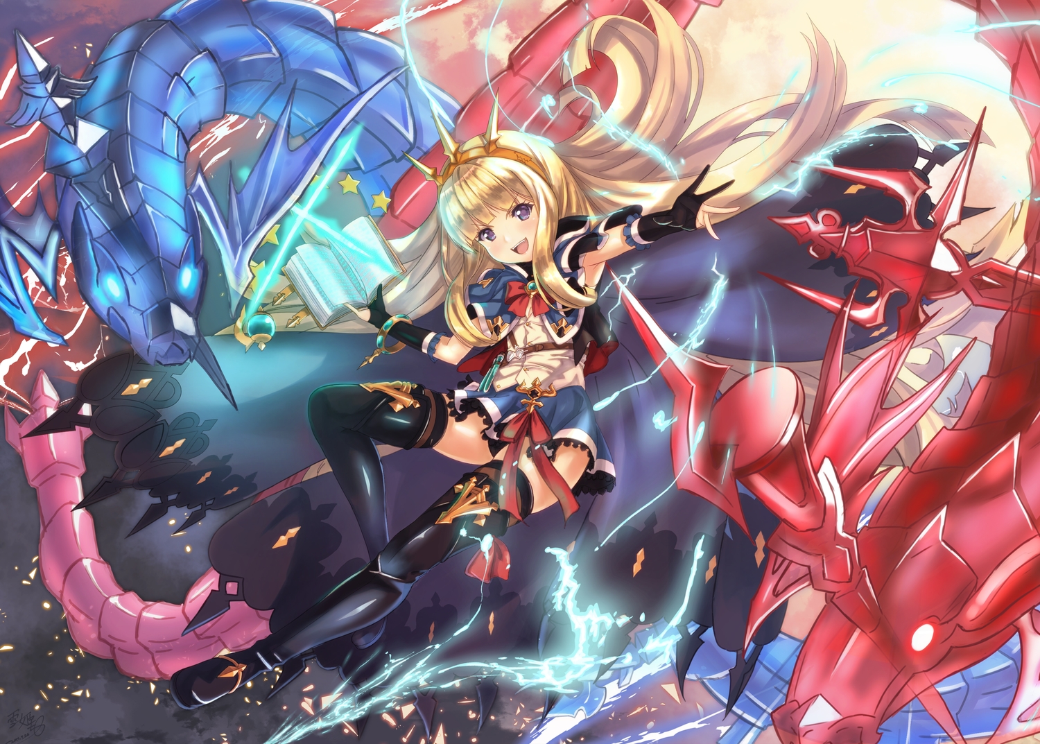 blonde_hair, book, cagliostro_(granblue_fantasy), elbow_gloves, gloves, granblue_fantasy, headdress, long_hair