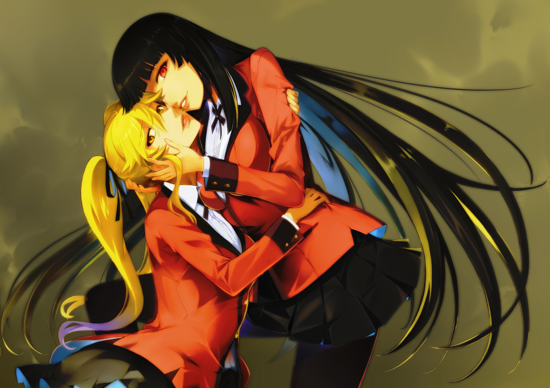 2girls, aliasing, black_hair, blonde_hair, breasts, jabami_yumeko, kakegurui, long_hair