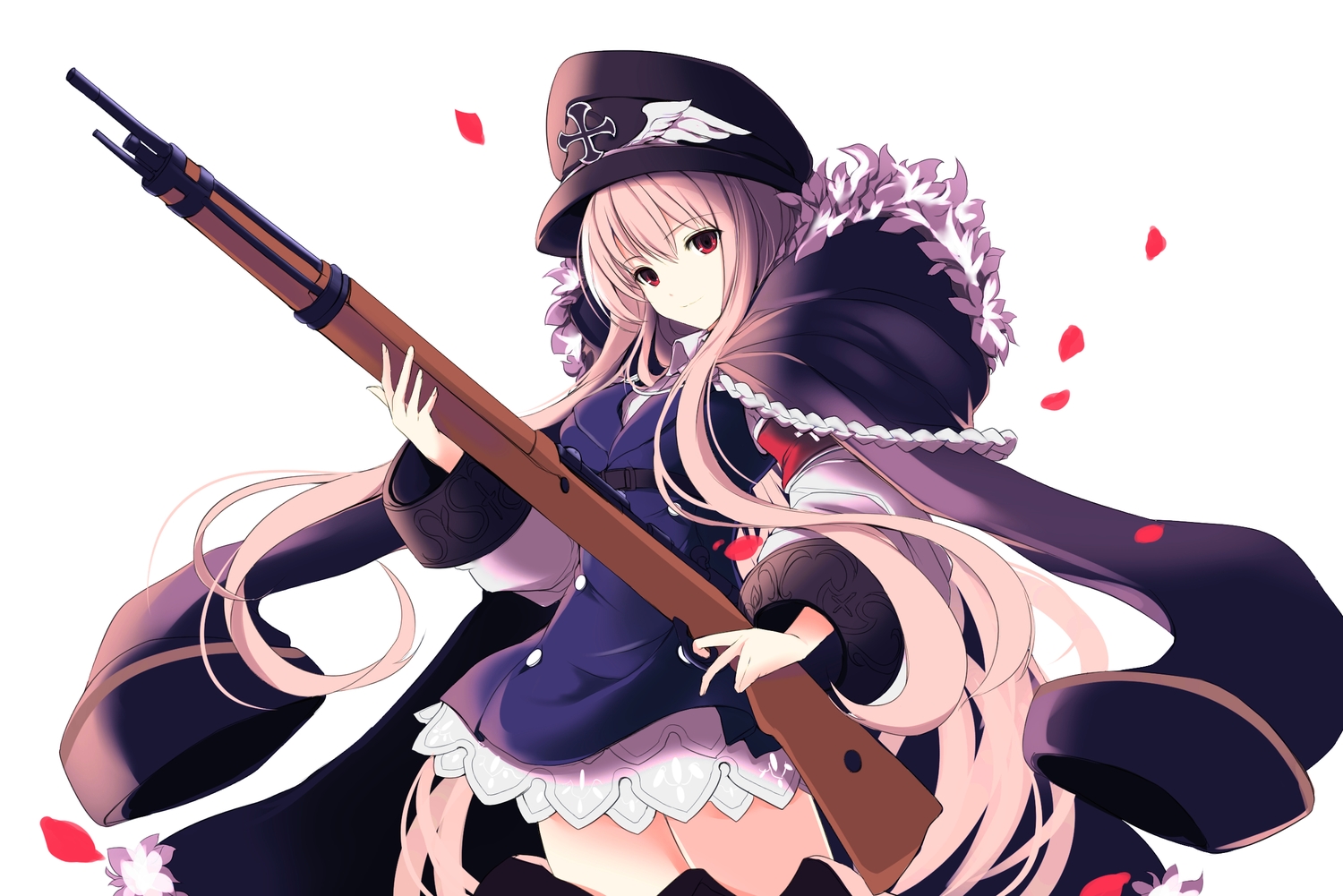 anthropomorphism, dress, faefaea, girls_frontline, gun, hat, kar98k_(girls_frontline), long_hair