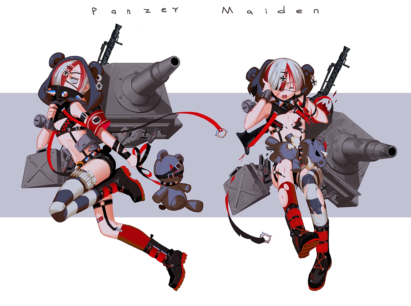 animal_ears, gray_eyes, gun, kikichan, navel, short_hair, shorts, teddy_bear, thighhighs, torn_clothes, weapon, wristwear