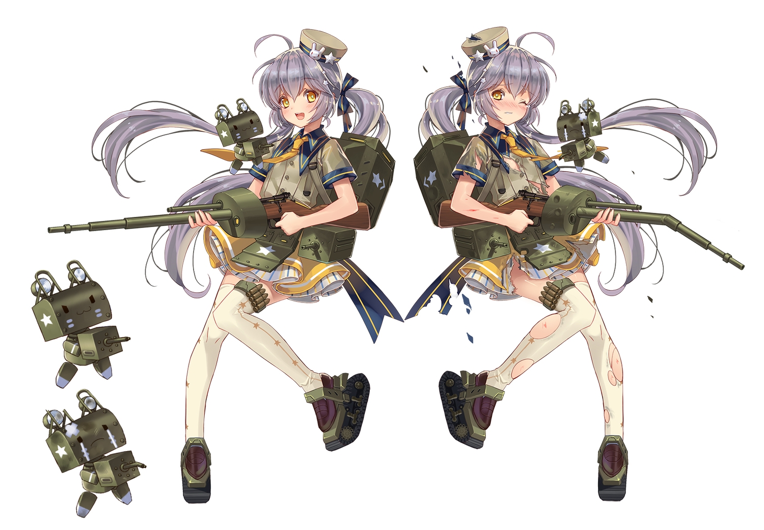 anthropomorphism, blush, bow, gray_hair, gun, hat, kikichan, long_hair, skirt, tagme_(character), tears, thighhighs, torn_clothes, twintails, weapon, white, wink, yellow_eyes