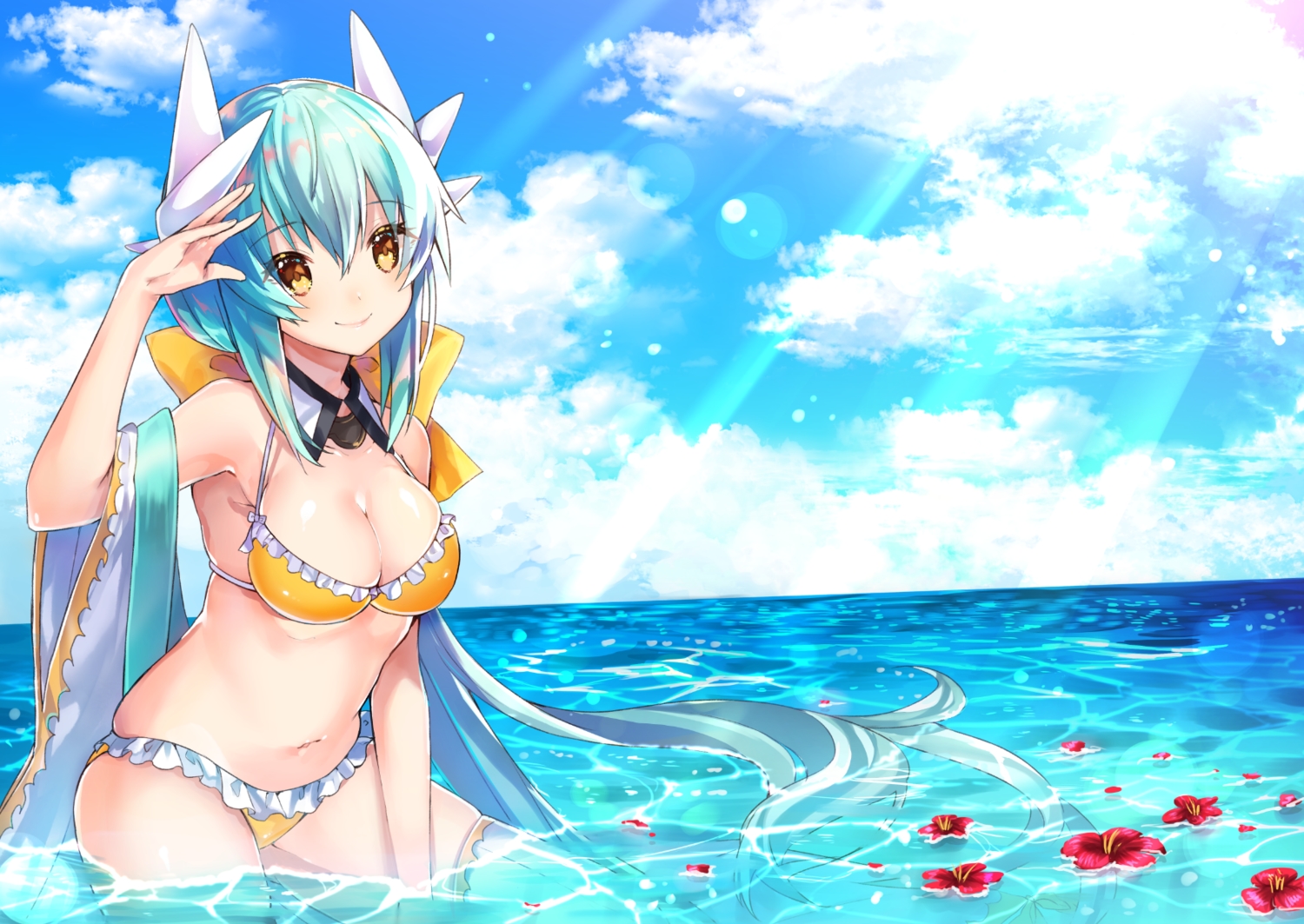 aqua_hair, bikini, breasts, cleavage, clouds, fate/grand_order, fate_(series), flowers