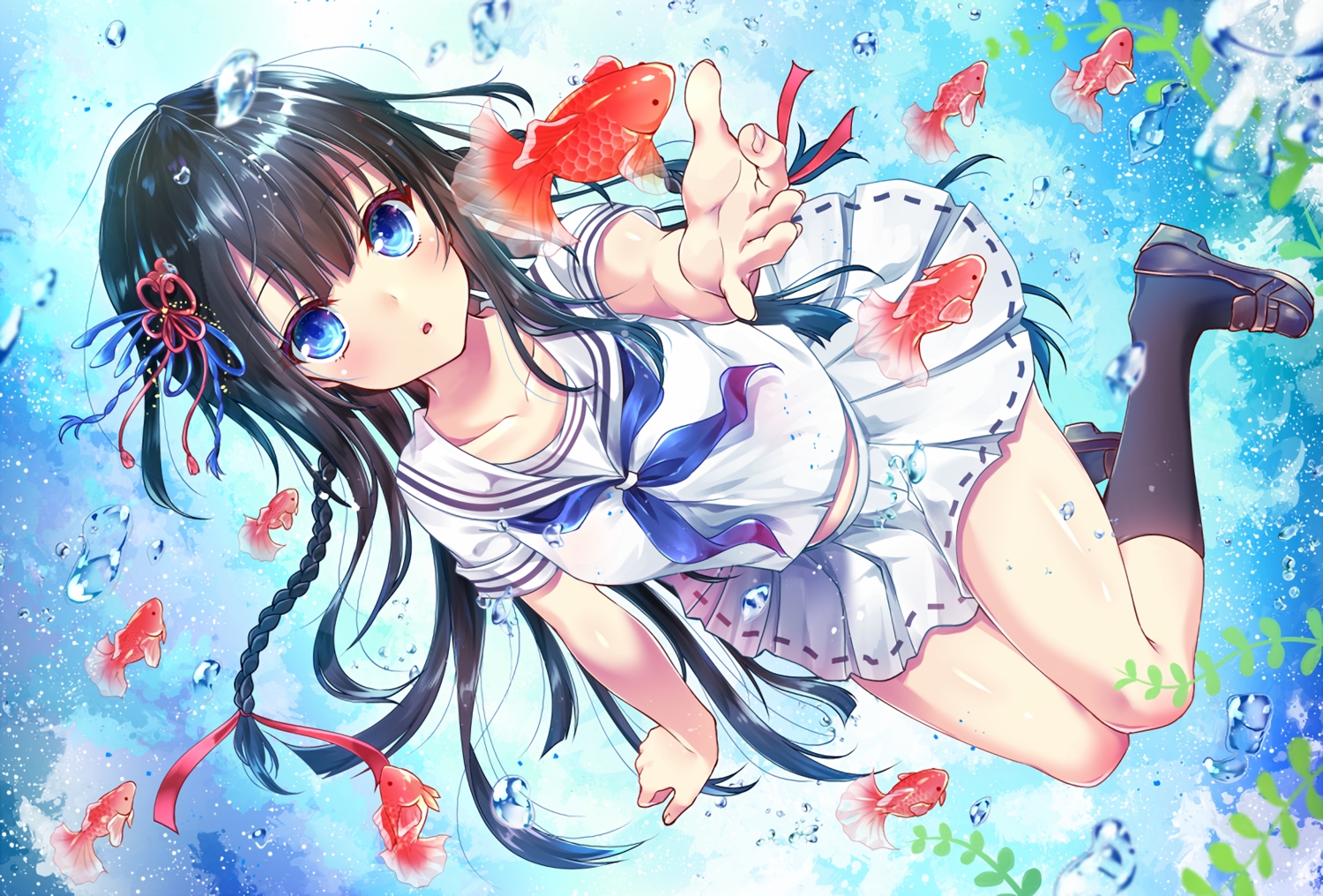 animal, aqua_eyes, black_hair, braids, bubbles, fish, kneehighs, long_hair, original, school_uniform, skirt, tetsu_tissue, underwater, waifu2x, water