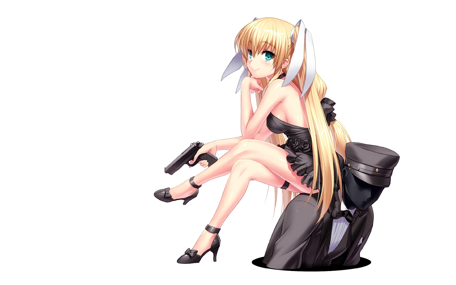 blush, bow, breasts, dress, green_eyes, gun, hat, little_busters!