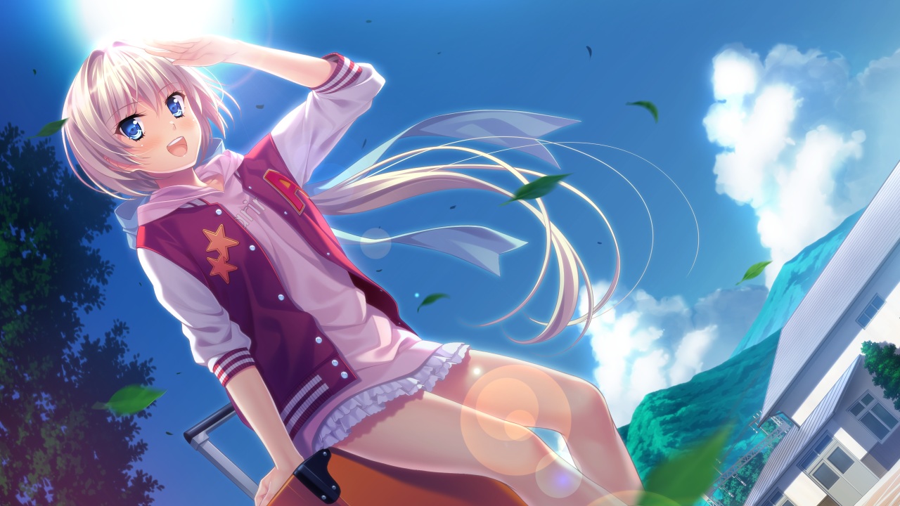 akitsu_madoka, building, clouds, dress, game_cg, long_hair, sakura_no_mori_dreamers, skirt