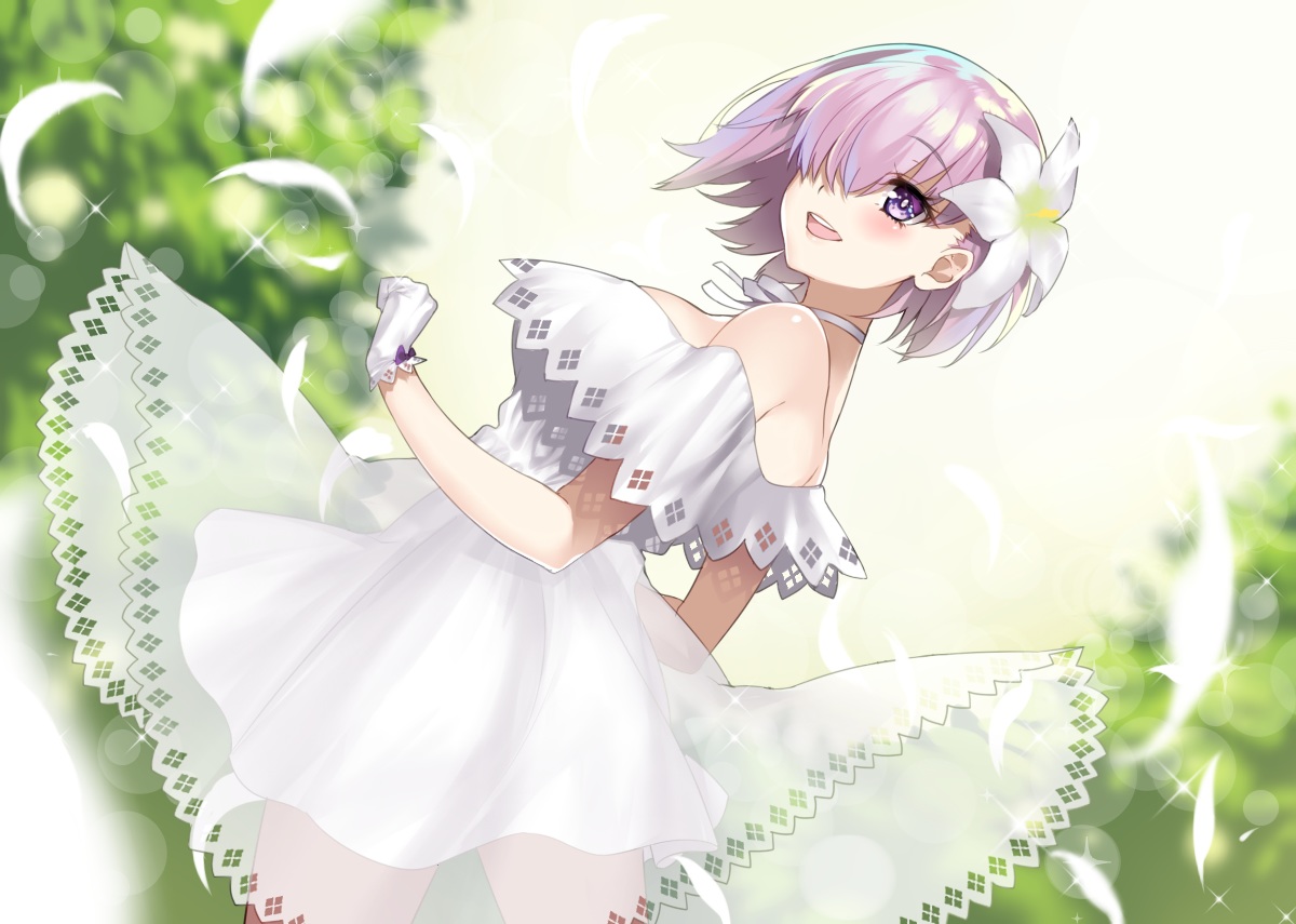 dress, fate/grand_order, fate_(series), feathers, flowers, gloves, green, hamada_pochiwo