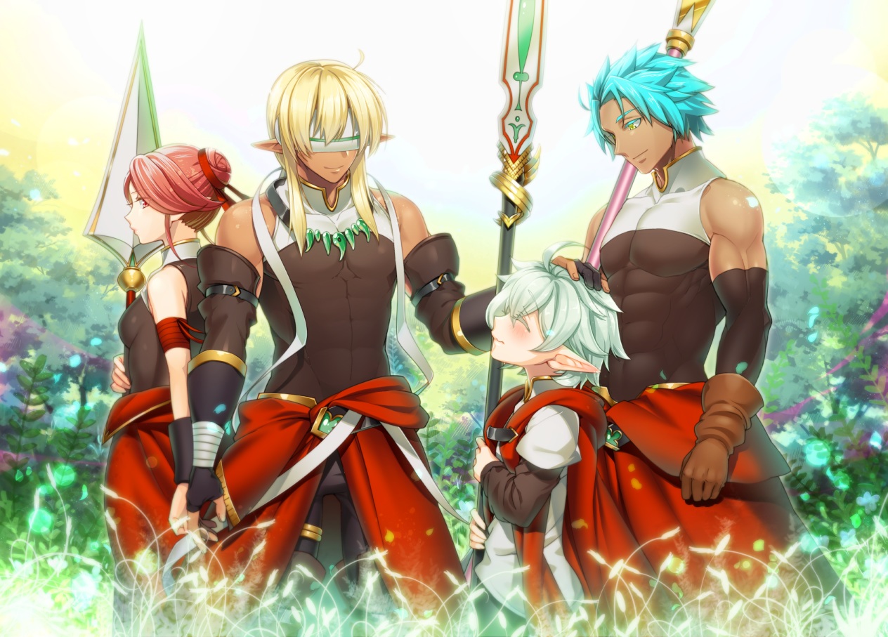 aqua_hair, blindfold, blonde_hair, elbow_gloves, gloves, green_eyes, group, kuro_mame, male, original, pixiv_fantasia, pointed_ears, red_eyes, red_hair, ribbons, short_hair, spear, weapon