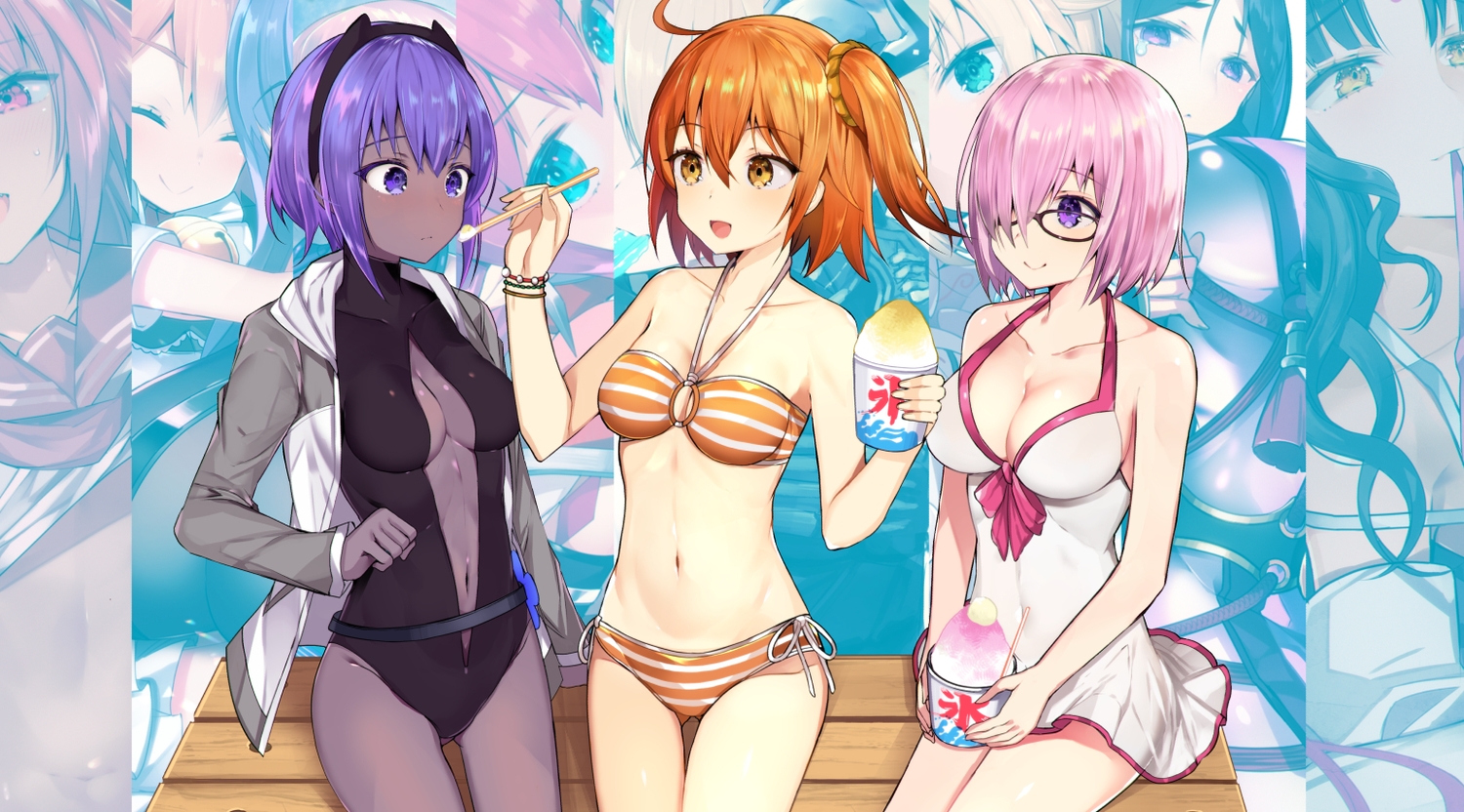 bikini, breasts, cleavage, dark_skin, fate/grand_order, fate_(series), food, fujimaru_ritsuka_(female)