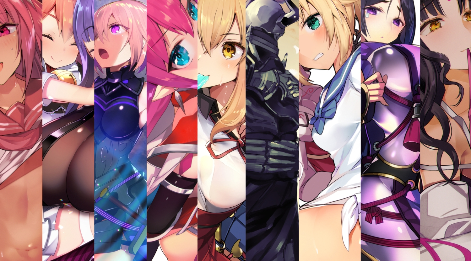 aqua_eyes, armor, artoria_pendragon_(all), astolfo, bell, black_hair, blonde_hair, blush, bodysuit, breasts, elizabeth_bathory_(fate), fate/grand_order, fate_(series), fujimaru_ritsuka_(female), green_eyes, king_hassan, male, mash_kyrielight, minamoto_no_yorimitsu_(fate), mordred, otoko_no_ko, passionlip, pink_hair, popsicle, purple_eyes, saber, school_uniform, sesshouin_kiara, short_hair, tetsubuta, yellow_eyes