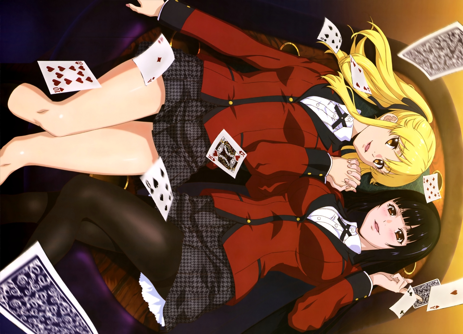 2girls, black_hair, blonde_hair, blush, brown_eyes, jabami_yumeko, kakegurui, long_hair, nyantype, pantyhose, ribbons, saotome_mary, scan, school_uniform, skirt, tagme_(artist), twintails, yellow_eyes
