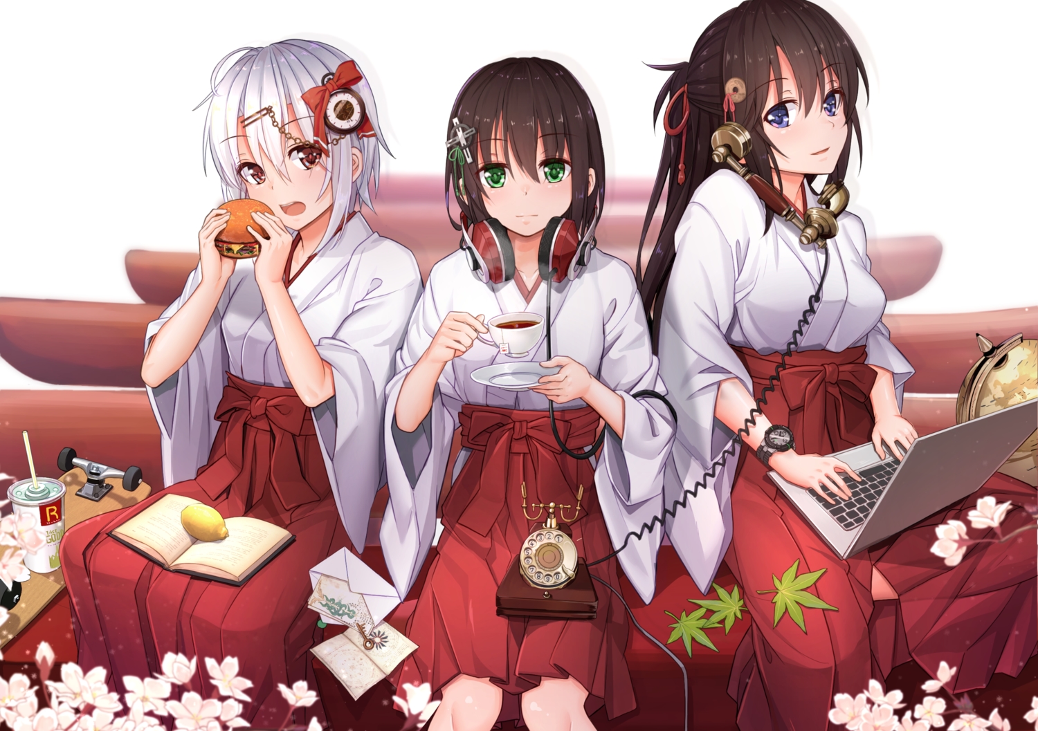 blue_eyes, book, bow, brown_eyes, brown_hair, computer, drink, flowers