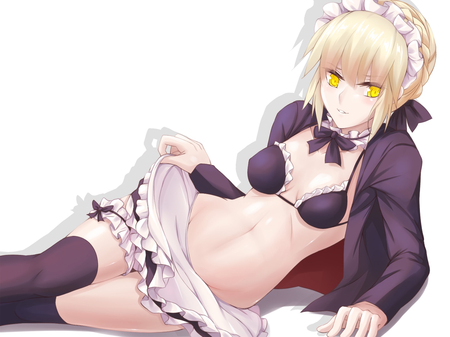 ahsiu, apron, artoria_pendragon_(all), bikini_top, blonde_hair, bow, braids, breasts