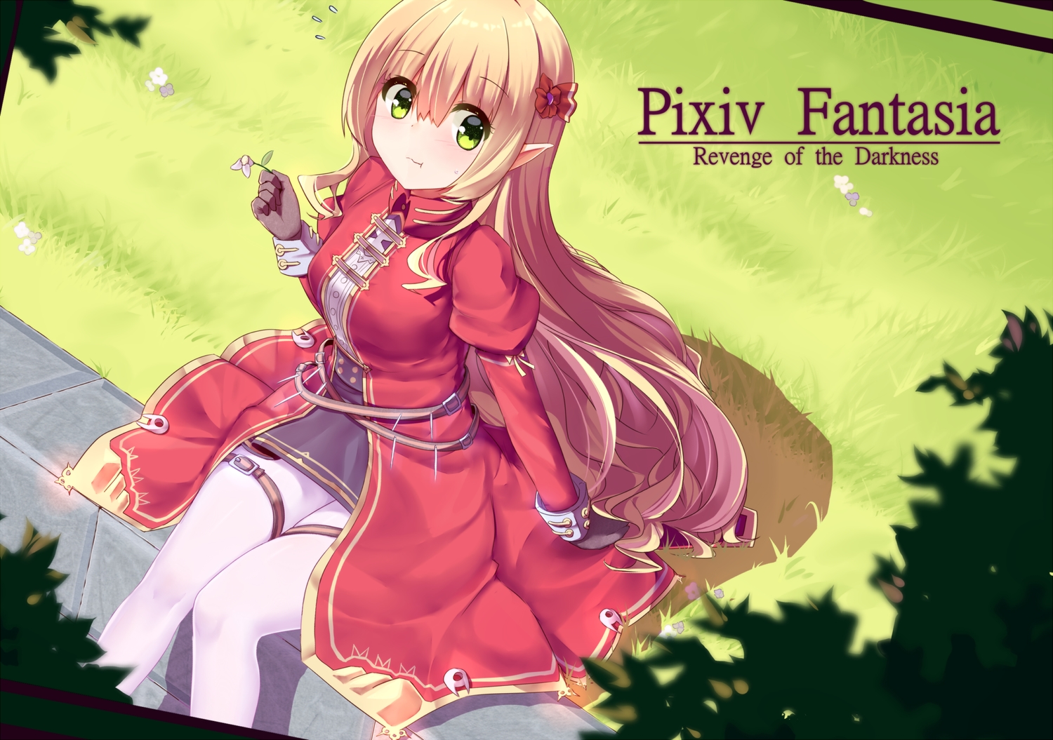 blonde_hair, breasts, ddt_(darktrident), flowers, gloves, grass, green, green_eyes