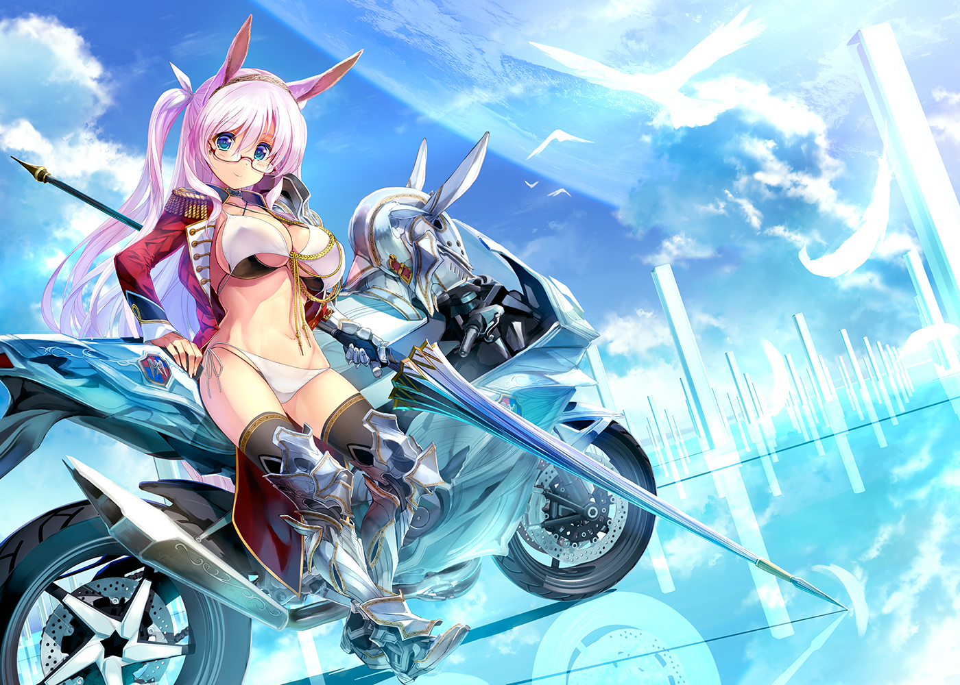 animal_ears, aqua_eyes, bikini, boots, clouds, glasses, kiryuu_takahisa, long_hair, motorcycle, navel, original, pink_hair, reflection, sky, spear, swimsuit, thighhighs, weapon