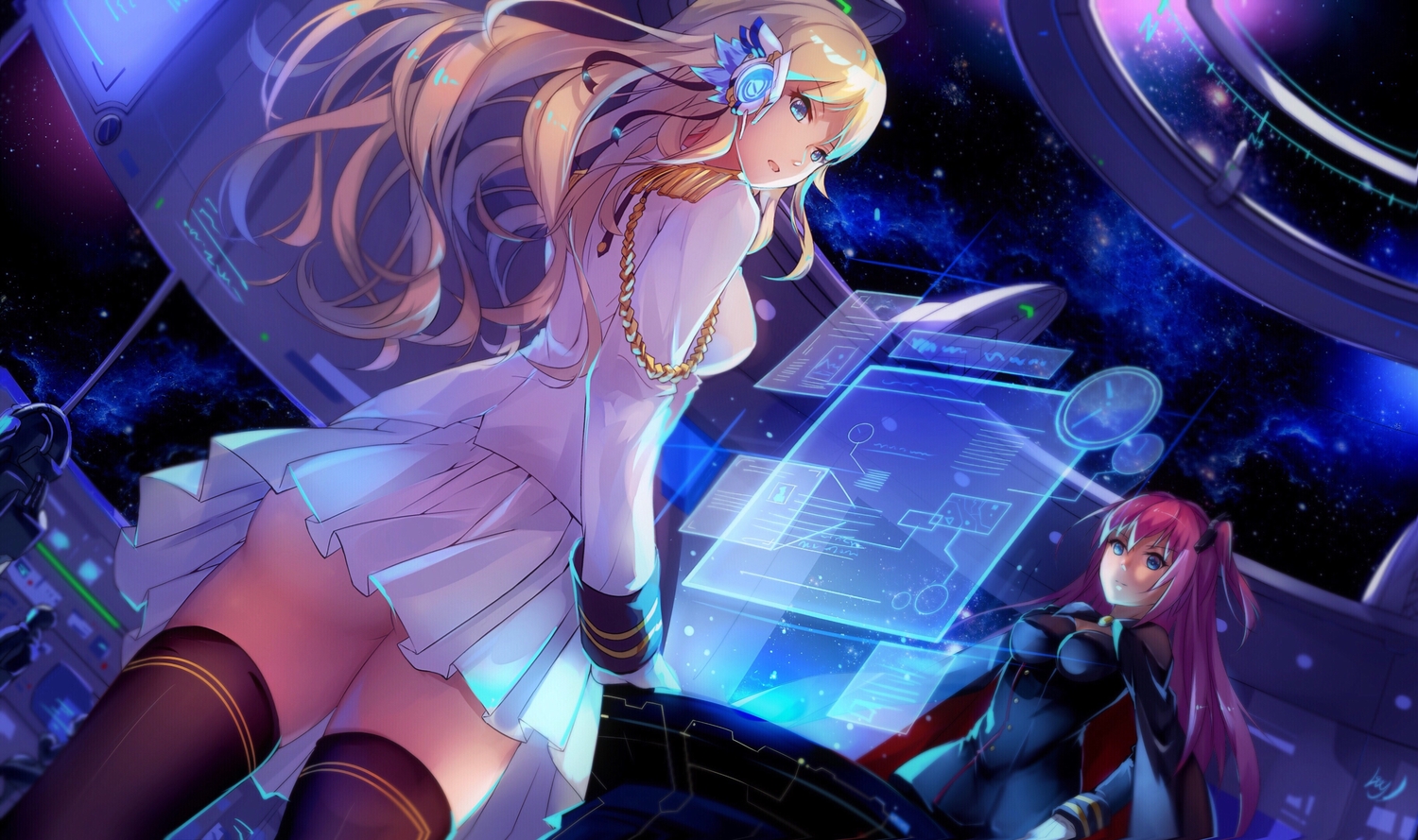 2girls, ass, blonde_hair, cape, long_hair, luo_qingyu, original, pink_hair, skirt, thighhighs