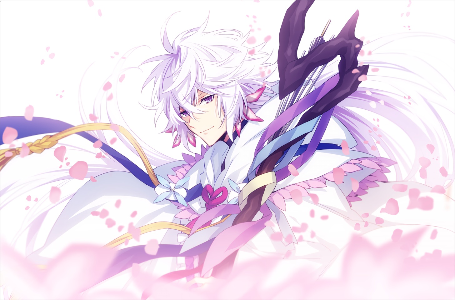 all_male, fate/grand_order, fate_(series), long_hair, male, merlin_(fate/grand_order), petals, purple_eyes