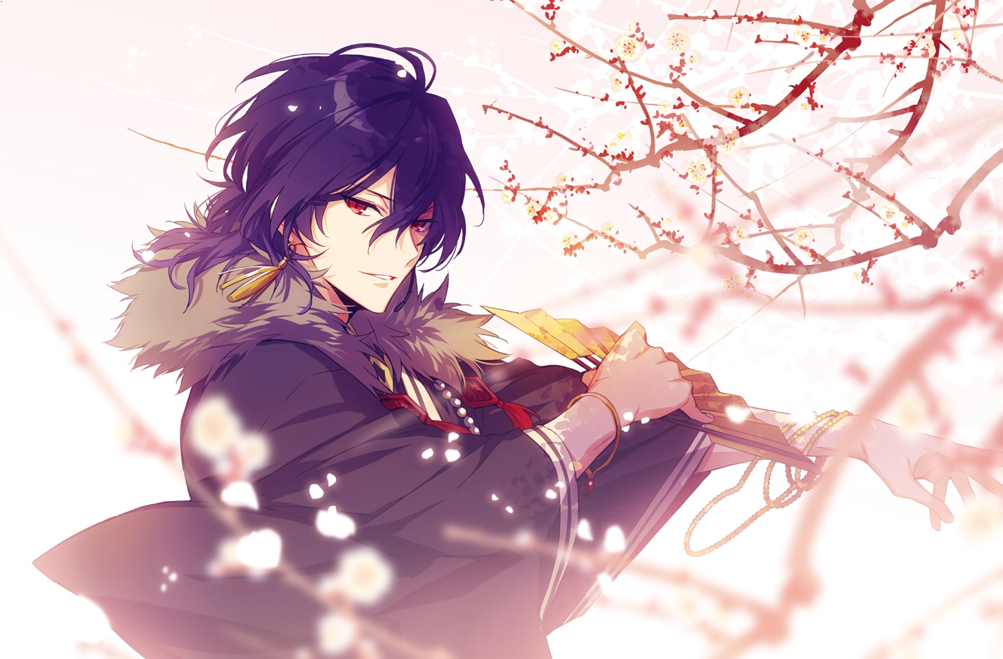 all_male, black_hair, cherry_blossoms, ensemble_stars!, fan, flowers, japanese_clothes, male