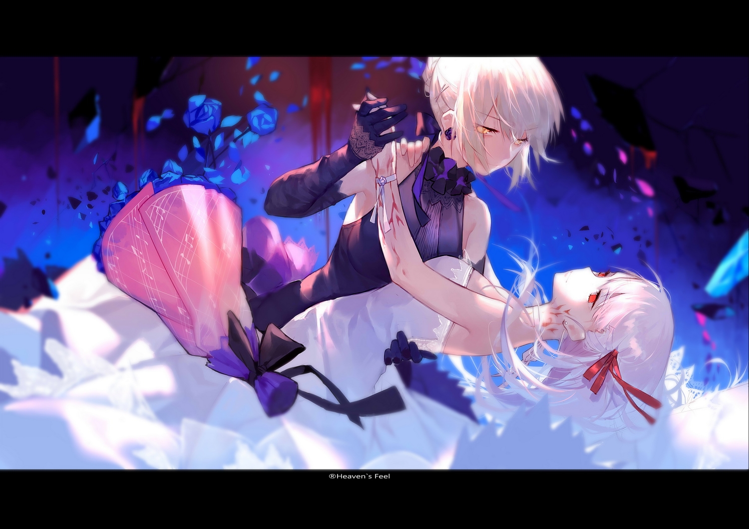 2girls, artoria_pendragon_(all), blonde_hair, blood, bow, choker, dark_matou_sakura, elbow_gloves