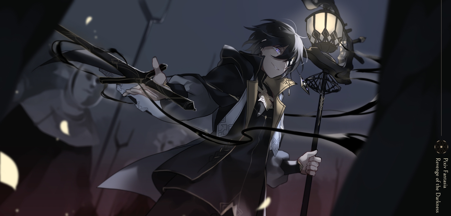 all_male, black_hair, blue_eyes, dark, eyepatch, hood, magic, male, original, pixiv_fantasia, short_hair, shuai, staff, sword, weapon