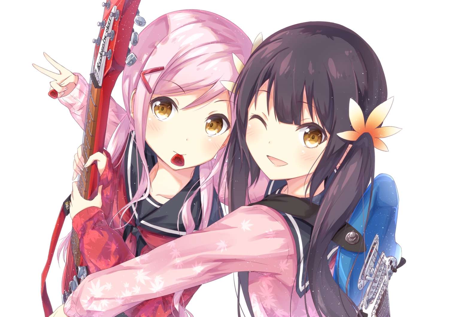 2girls, black_hair, blush, chamirai, guitar, instrument, long_hair, pink_hair