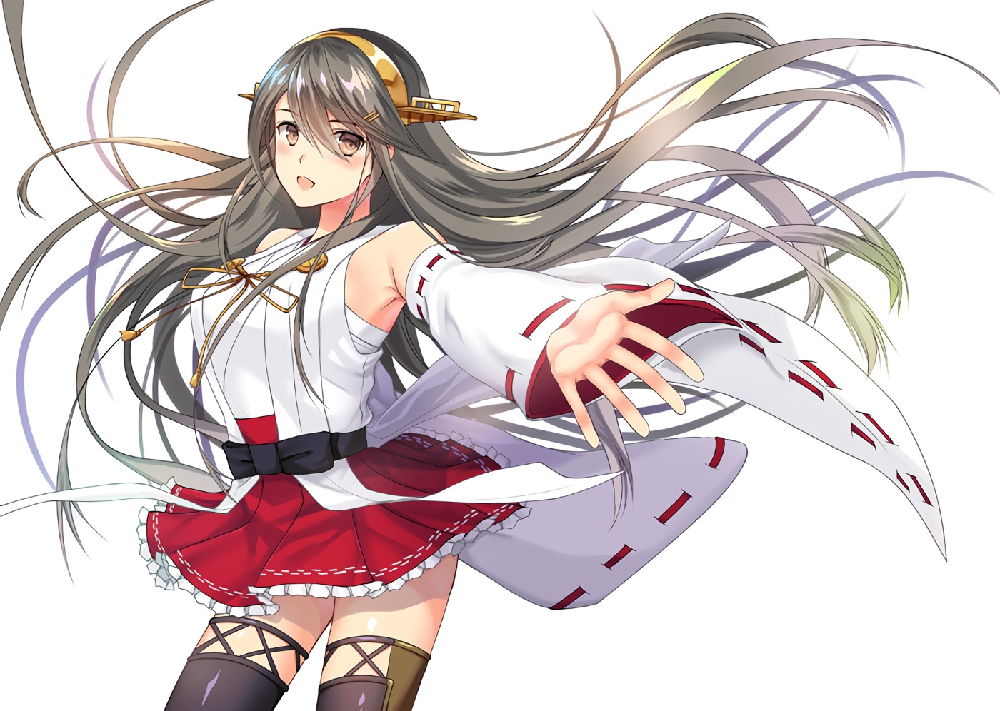 anthropomorphism, black_hair, blush, bow, brown_eyes, eko, haruna_(kancolle), headband