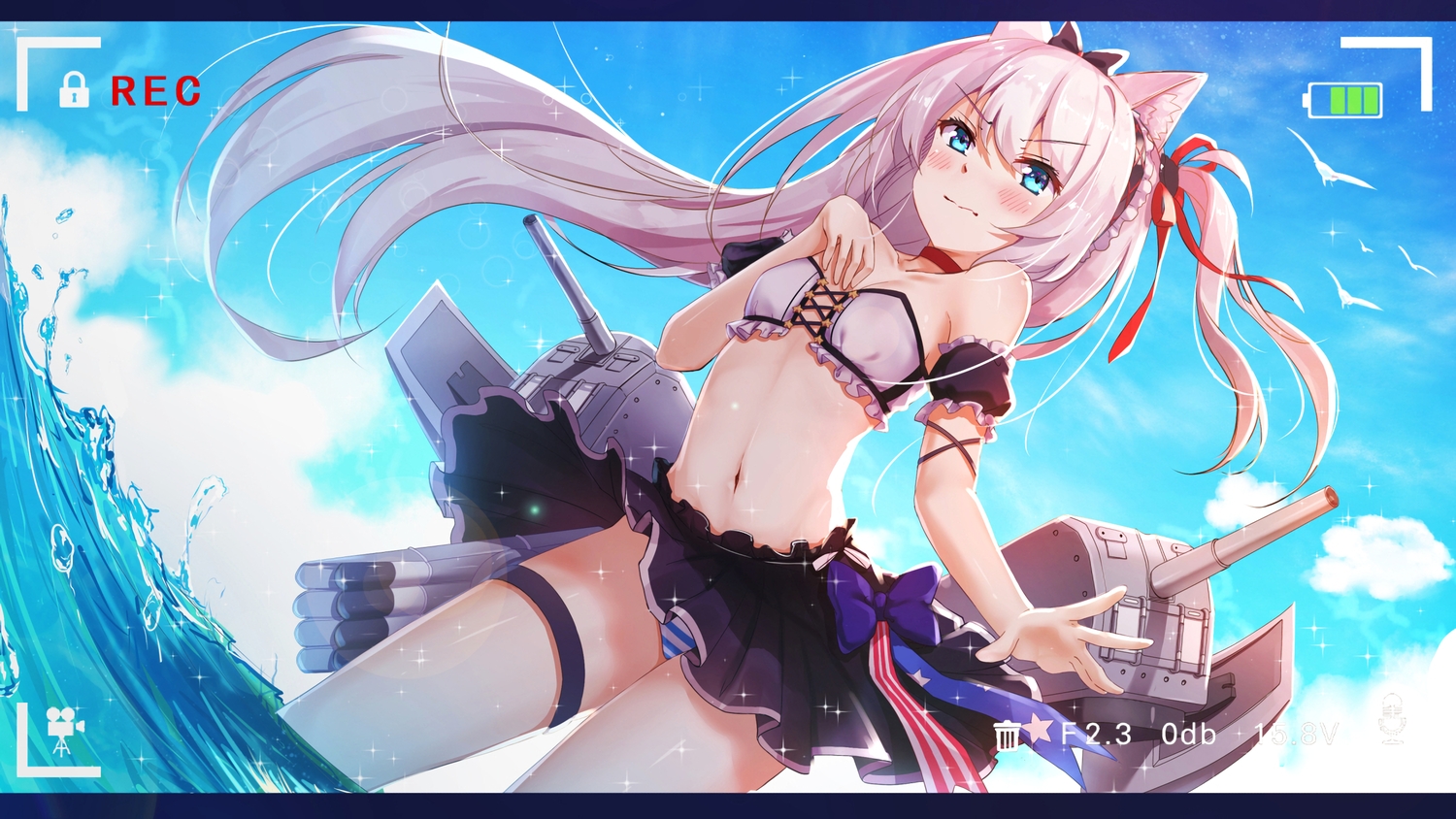 animal, animal_ears, anthropomorphism, aqua_eyes, azur_lane, bird, blush, bow, byakuya_reki, camera, clouds, hammann_(azur_lane), long_hair, panties, pink_hair, ribbons, sky, striped_panties, underwear, waifu2x