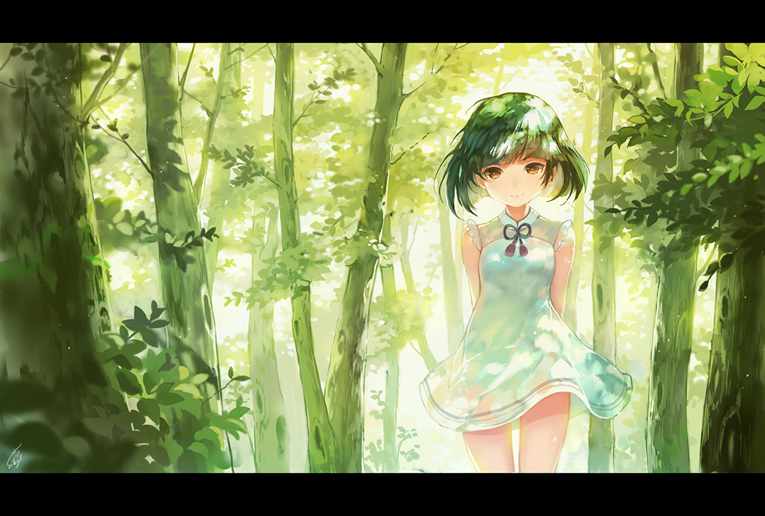 dress, forest, green, green_hair, orange_eyes, original, ribbons, scenic