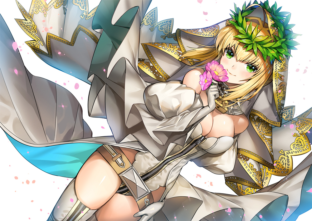 artoria_pendragon_(all), blonde_hair, bodysuit, breasts, cleavage, elbow_gloves, ells, fate/grand_order