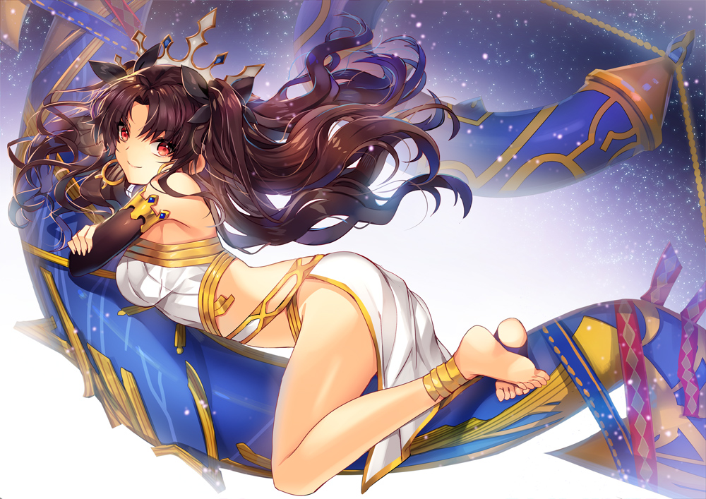 barefoot, brown_hair, ells, fate/grand_order, fate_(series), headdress, ishtar_(fate/grand_order), long_hair, red_eyes, skirt, twintails