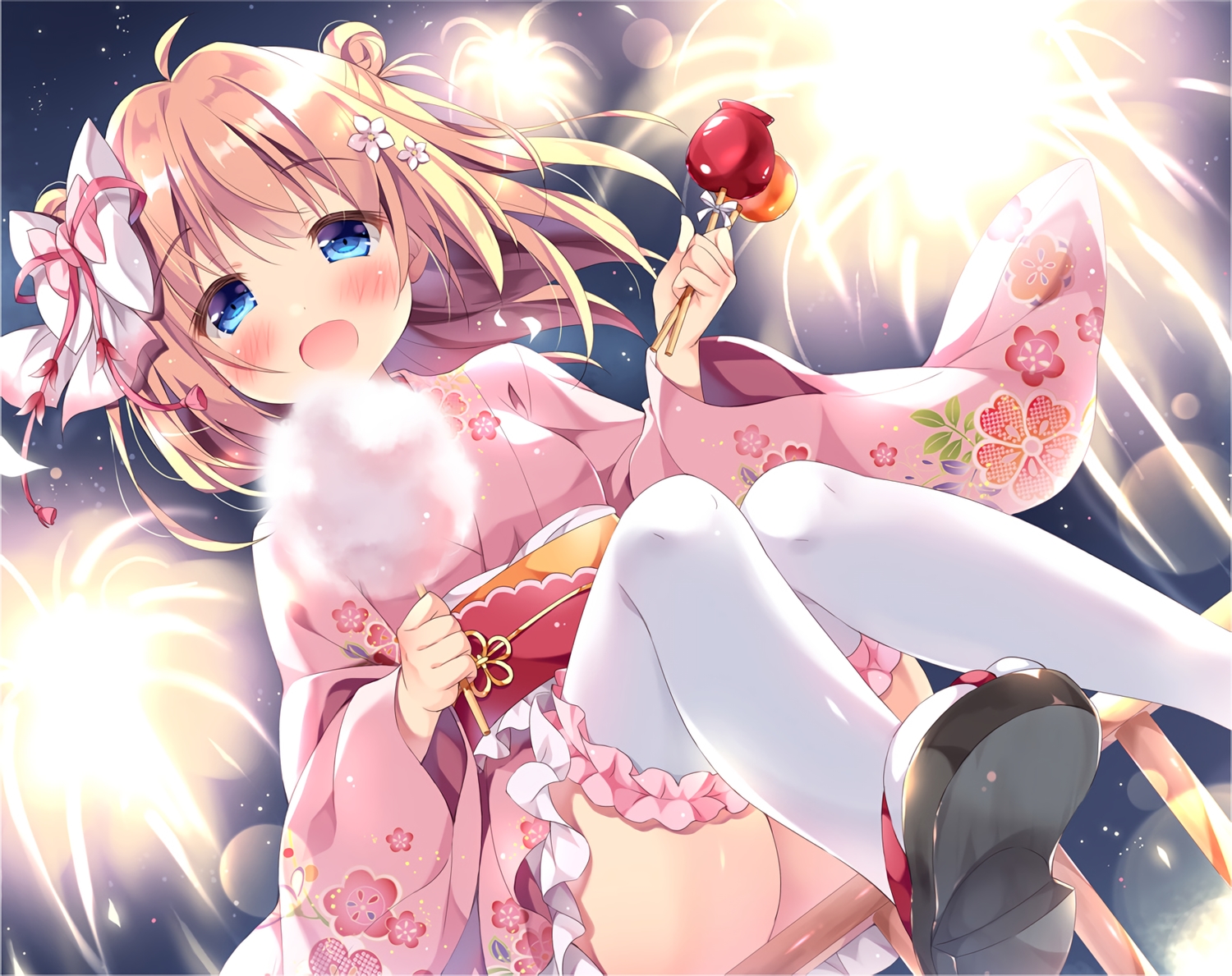 apple, aqua_eyes, blonde_hair, blush, bow, candy, fireworks, food