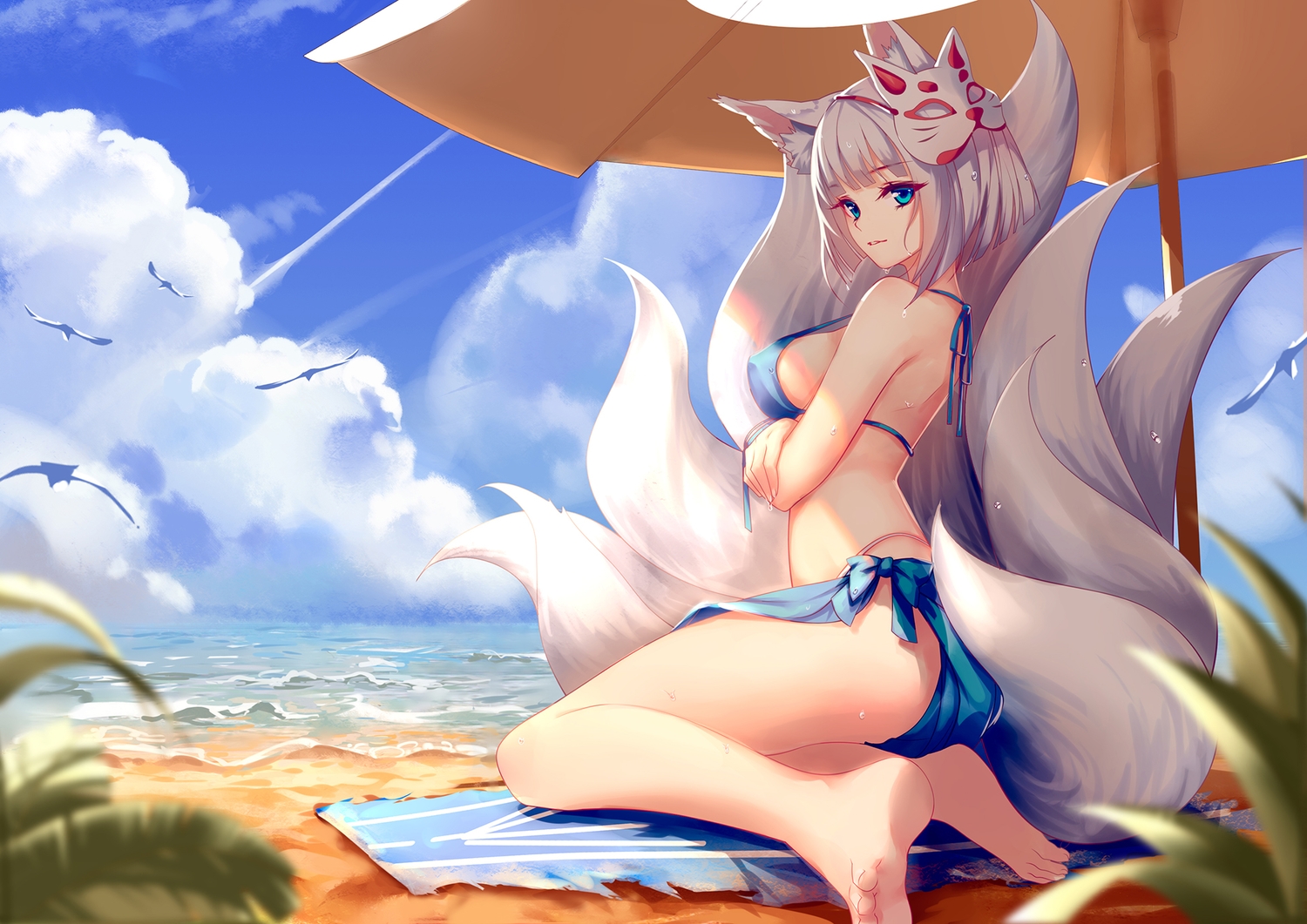 animal_ears, anthropomorphism, aqua_eyes, azur_lane, beach, bikini, breast_hold, breasts, clouble, clouds, foxgirl, kaga_(azur_lane), mask, multiple_tails, short_hair, sky, swimsuit, tail, umbrella, water, wet, white_hair
