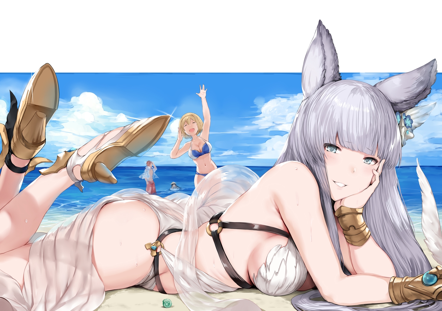 animal_ears, ass, beach, bikini, blush, breasts, clouds, djeeta_(granblue_fantasy), granblue_fantasy, gray_hair, group, hewsack, korwa, long_hair, male, percival_(granblue_fantasy), sky, swimsuit, tagme_(character), water, wristwear