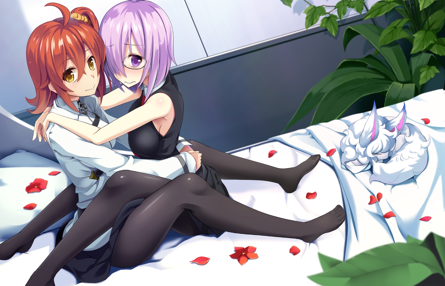2girls, breasts, fate/grand_order, fate_(series), flowers, fou_(fate/grand_order), fujimaru_ritsuka_(female), glasses