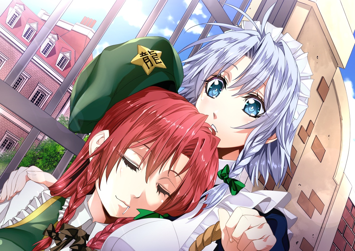 2girls, aliasing, aqua_eyes, bow, braids, gray_hair, hat, headdress